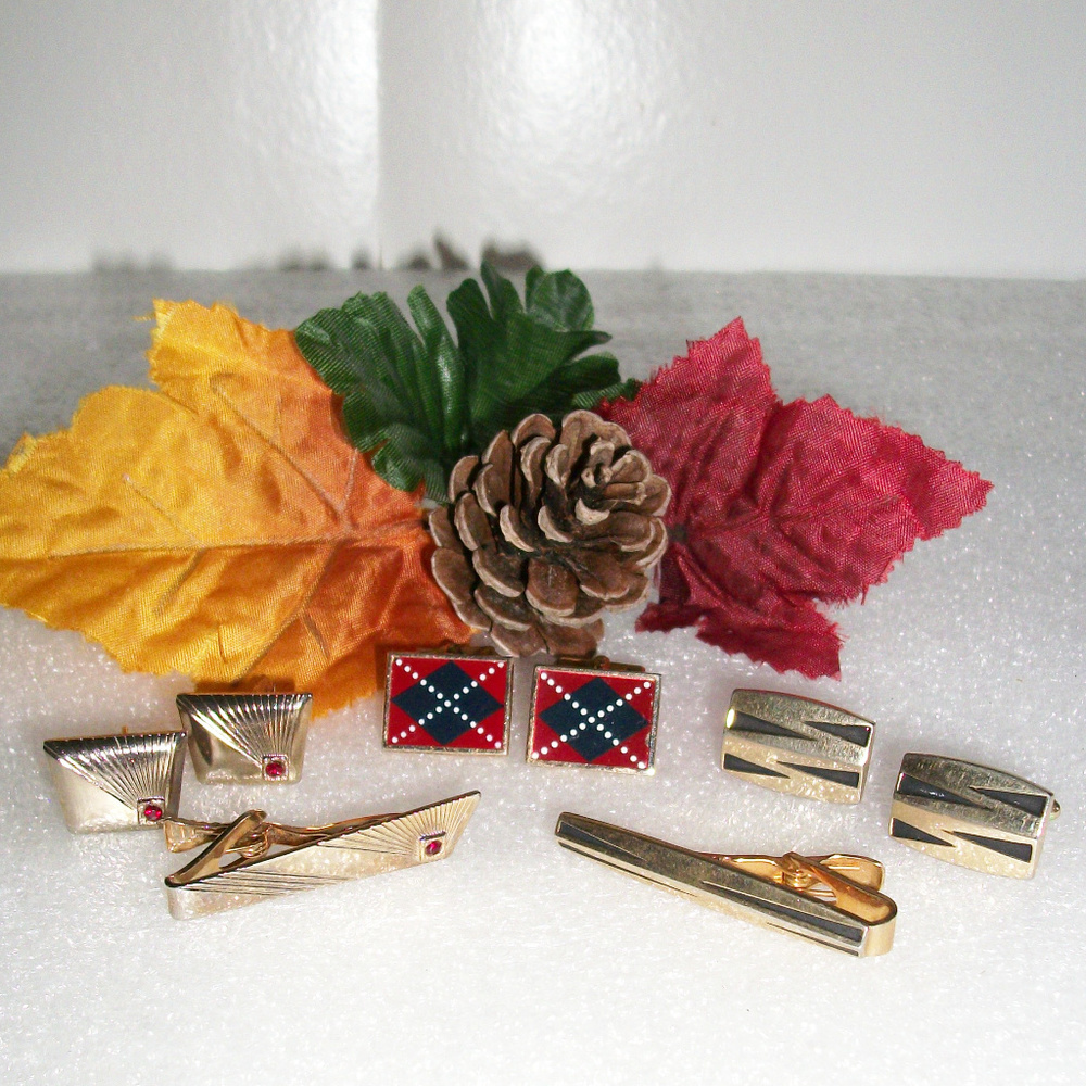 3 Pair Vintage Cufflinks PLUS 2 Tie Bars